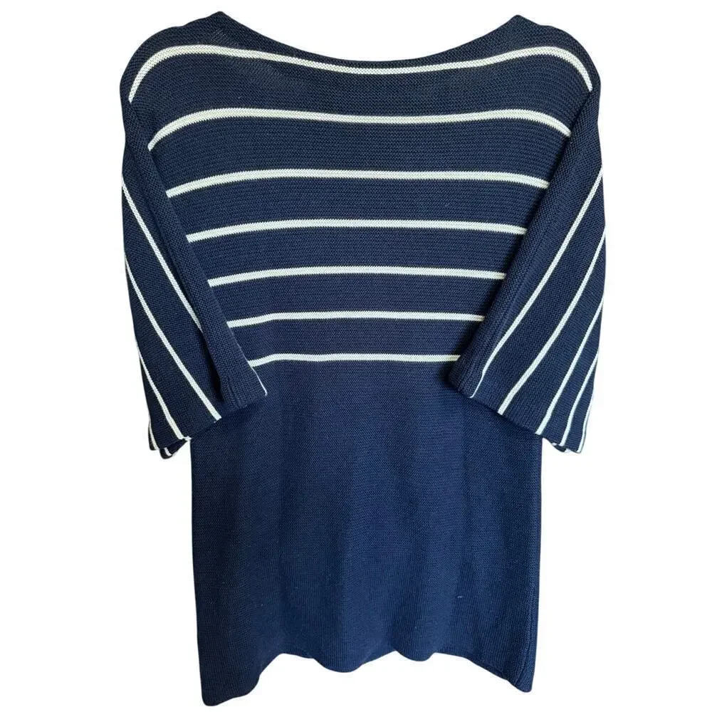 Tory Burch Cashmere Silk Striped Knit Sweater Top Navy White Size Medium